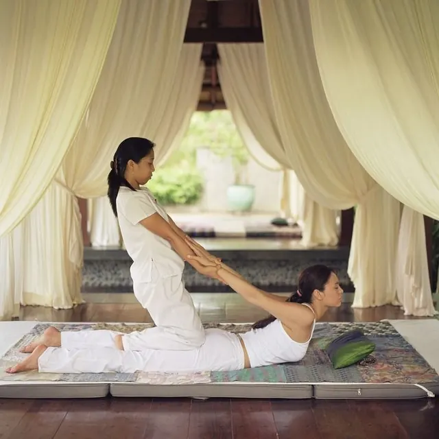 Thai massage stretch in a calm room at Sanio's Spa, spa in F-7 Islamabad